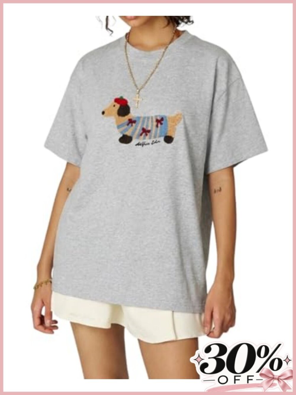 Oversized Graphic Tee with Cute Dog Embroidery, Short Sleeve Cotton T-Shirt,